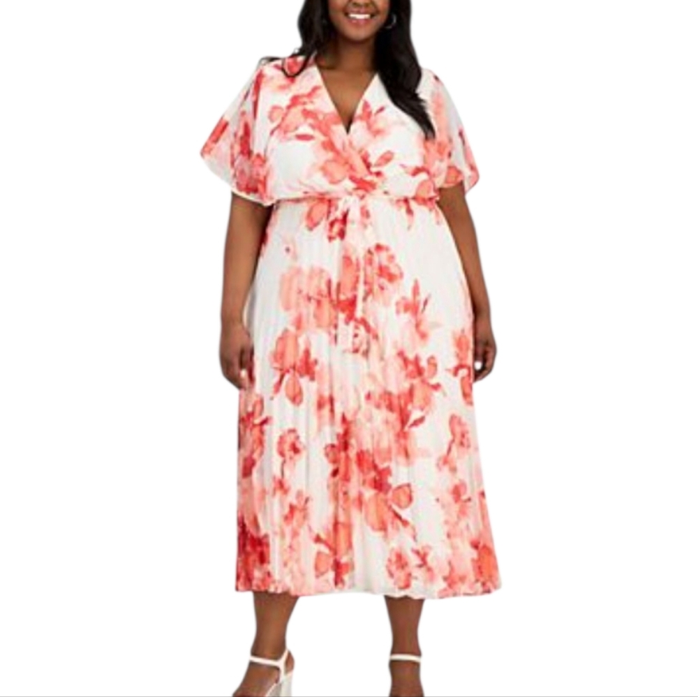 Sandra Darren‎ Pink Floral Pleated Tie-waist Flutter-sleeve Dress Plus 20W